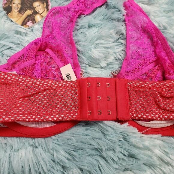 Victoria's Secrets Redย Hot Pink Fish Net Unlined Demi BraโSizeโ32โD - Picture 6 of 6
